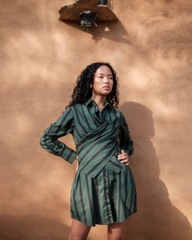 Wrap Shirt Double Layer Dress - Striped