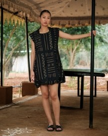 Nara Gathered Dress - Black Mud Print