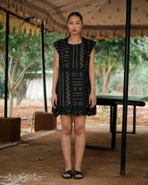 Nara Gathered Dress - Black Mud Print