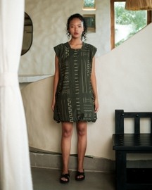 Nara Gathered Dress - Green Mud Print