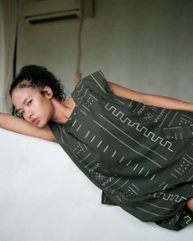 Nara Gathered Dress - Green Mud Print