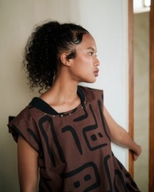 Nara Gathered Dress - Brown Tribal Print