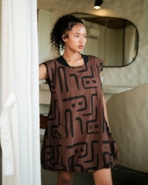 Nara Gathered Dress - Brown Tribal Print