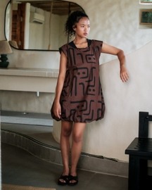Nara Gathered Dress - Brown Tribal Print