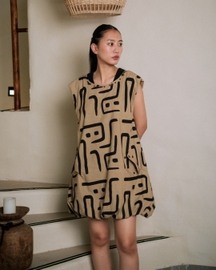 Nara Gathered Dress - Khaki Tribal Print