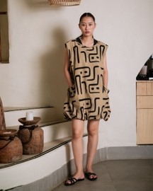 Nara Gathered Dress - Khaki Tribal Print