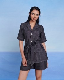 Graphite Linen Denim Front Tie Jacket And Shorts Set