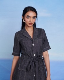 Graphite Linen Denim Front Tie Jacket And Shorts Set