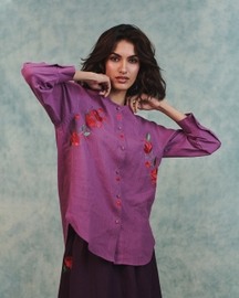 Embroidered Round Hem Linen Shirt