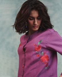 Embroidered Round Hem Linen Shirt