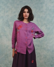 Embroidered Round Hem Linen Shirt