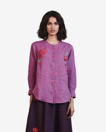 Embroidered Round Hem Linen Shirt