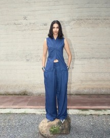 Navy Fitted Vest & Wide Leg Pants