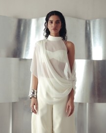 Antique White Asymmetric Georgette Top and Pants