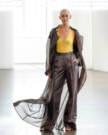 Chateau Gray Long Organza Trench & Pants With Tendor Yellow Bodysuit
