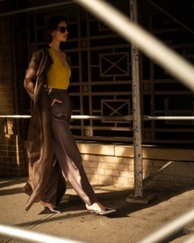 Chateau Gray Long Organza Trench & Pants With Tendor Yellow Bodysuit