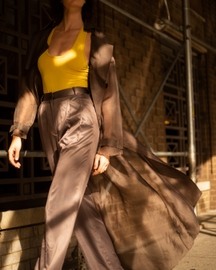 Chateau Gray Long Organza Trench & Pants With Tendor Yellow Bodysuit