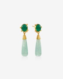 Green Onyx and Flourite Long Drop Gold Earrings