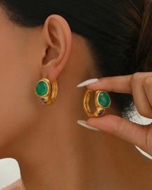 Green Onyx & Amethyst 92.5 Sterling Silver Hoop Earrings