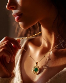 Green Onyx Medallion 92.5 Sterling Silver Charm Necklace