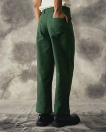 Green Linen Straight Wide Pants - Men