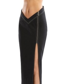 Black Denim Drop Waist High Slit Skirt