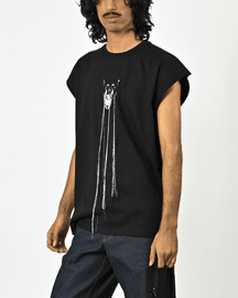 Hand-embroidered Canine Top With Hanging Silk Threads (Men's) - Black