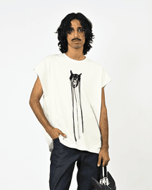 Hand-embroidered Canine Top With Hanging Silk Threads (Men's) - White