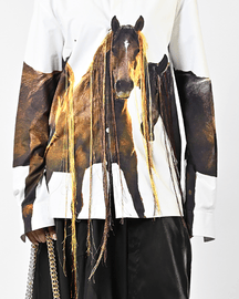 Horse Printed Cotton Shirt With Hanging Silk Threads and Synthetic Hair