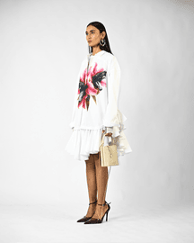 Fanged Floral Printed Ruffle-edged Shirt Dress