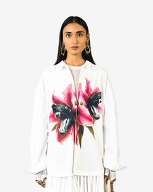 Fanged Floral Printed Ruffle-edged Shirt Dress