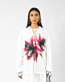 Fanged Floral Printed Ruffle-edged Shirt Dress