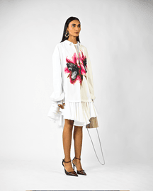 Fanged Floral Printed Ruffle-edged Shirt Dress