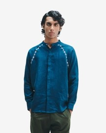 Indigo Linen Embroidered Men's Raglan Shirt