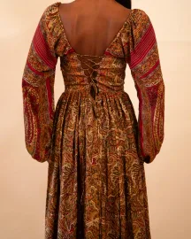 Brown Full Sleeve Paisley Silk Corset Dress