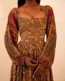 Brown Full Sleeve Paisley Silk Corset Dress