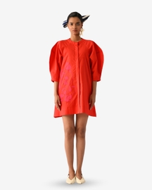 Mono Crimson Bubble Sleeve Aline Short Appliqué Dress