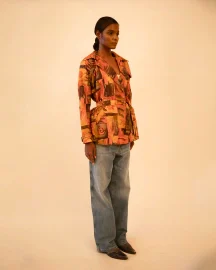Nira- Cropped Abstract Print Silk Trech Coat