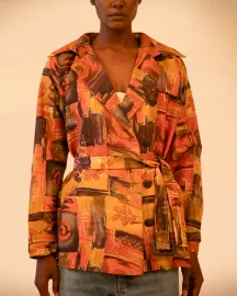 Nira- Cropped Abstract Print Silk Trech Coat