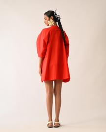 Mono Crimson Bubble Sleeve Aline Short Appliqué Dress