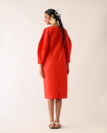 Mono Crimson Midi Gathered Appliqué Dress