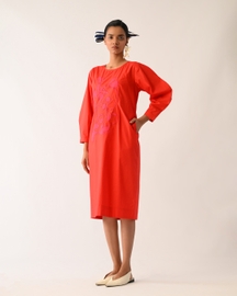 Mono Crimson Midi Gathered Appliqué Dress