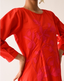Mono Crimson Midi Gathered Appliqué Dress