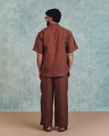 Chocolate Linen Mens Pleated Camp Collar Shirt
