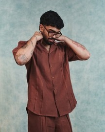 Chocolate Linen Mens Pleated Camp Collar Shirt
