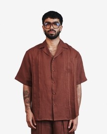 Chocolate Linen Mens Pleated Camp Collar Shirt