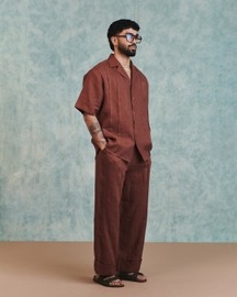 Chocolate Linen Mens Pleated Camp Collar Shirt