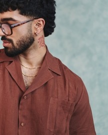 Chocolate Linen Mens Pleated Camp Collar Shirt