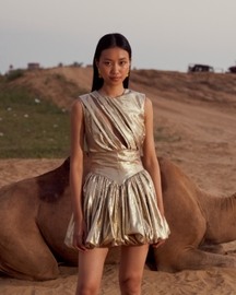 Golden Balloon Hem Dress