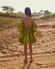 Green Taffeta Puff Sleeve Dress